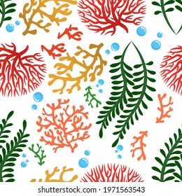 Seaweeds and corals seamless pattern. Cartoon color underwater reef plants. Aquarium, ocean and undersea floral wallpaper vector texture. Deep water natural life fabric or wrapping paper