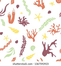 Seaweeds hand drawn seamless pattern. Marine plants vector. Corals and starfish in flat style. Underwater life background