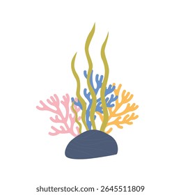 Algas marinhas em fundo branco isolado. Recifes de Coral Subaquático. Estilo plano de desenho animado de ilustração vetorial