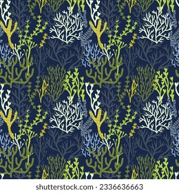 Seaweeds pattern. Seamless print of aquatic plants and nature, wallpaper background cartoon blue algae, endless marine wrapping paper and textile. Vector ocean seaweed aquatic seamless illustration