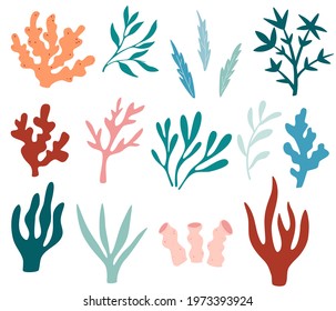 Seaweeds set. Collection of seaweeds, planting, marine algae and ocean corals silhouettes. Underwater plants for aquarium decor. Nature seaweed marine. Bright sea elements. Vector illustration.