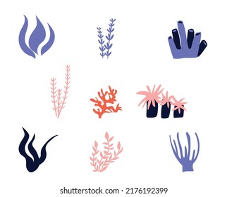 Seaweeds set. Collection of seaweeds, planting, marine and ocean corals silhouettes.Underwater plants for aquarium decor. Nature seaweedmarine. Bright sea elements. Vector illustration.