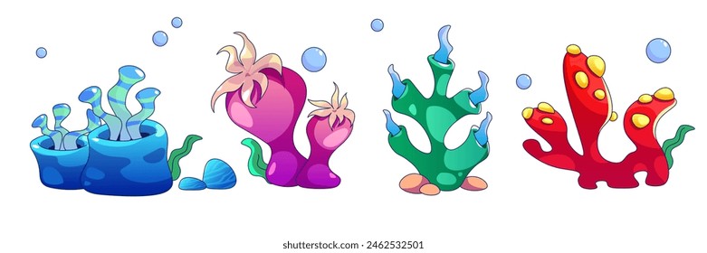 Seaweeds set isolated on white background. Vector cartoon illustration of underwater plants collection, blue, pink, green, red color algae, water bubbles, sea bottom stones, aquarium design elements