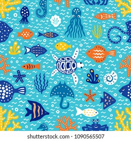 Seaworld seamless pattern of paper cutout marine style design elements. Endless funny cartoon background for kids cloth textile print, wallpaper, wrapping. Fish, tortoise, seaweed EPS 10 vector 