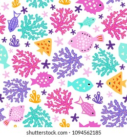 Seaworld seamless pattern of paper cutout marine style design elements. Endless funny cartoon background for kids cloth textile print, wallpaper, wrapping. EPS 10 vector illustration