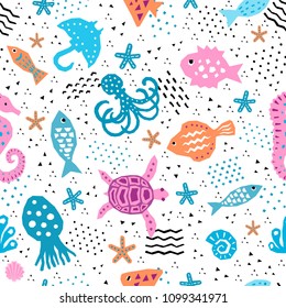 Seaworld seamless pattern of paper cutout marine style memphis design elements. Endless funny cartoon background for kids cloth textile print, childish wallpaper, wrapping. EPS 10 vector illustration 