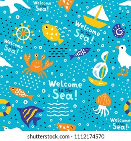 Seaworld seamless pattern of paper cutout marine style memphis design elements. Endless funny cartoon background for kids cloth textile print, childish wallpaper, wrapping. EPS 10 vector illustration 