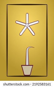 Seba star and incense burner, in a rectangle frame. A five pointed star, representing the afterlife, as depicted in the pillard chamber in Thutmose III tomb, Valley of the Kings. Colored illustration.