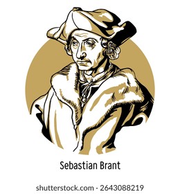 Sebastian Brant is a German satirist of the 15th-16th centuries, author of the satirical work "Ship of Fools", prose writer, poet, lawyer. Hand-drawn vector illustration.