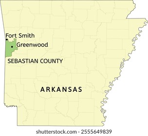 Sebastian County and cities of Fort Smith and Greenwood location on Arkansas state map