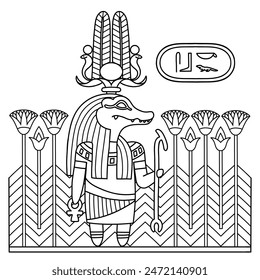 Sebek is an ancient Egyptian god. A human with a crocodile head. The ruler of the Nile. Coloring page for kids. Learning history, culture, mythology with fun. Black and white vector illustration.