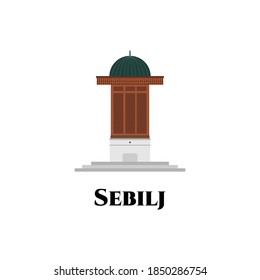 The Sebilj in Bosnia and Herzegovina. Historical national building landmark. A beautiful place to see. Makes for awesome your holiday with the pigeons in flight. Vector flat illustration