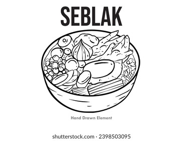 Seblak is a food that is currently trending in Indonesia. A mixture of crackers, chicken feet, noodles, macaroni and others. black and white line art. street food. simple design.