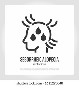 Seborrheic alopecia thin line icon. Hair loss. Bald place on scalp with drops. Vector illustration.