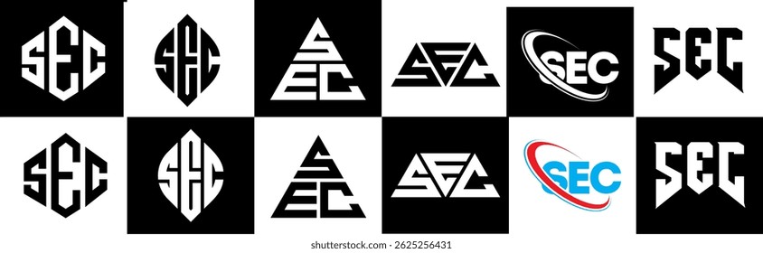 SEC letter logo design in six style. SEC polygon, circle, triangle, hexagon, flat and simple style with black and white color variation letter logo set in one artboard. SEC minimalist and classic logo