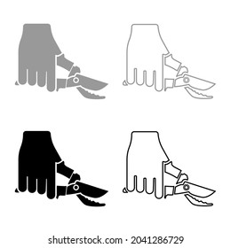 Secador en la podadora del jardín de la mano tijeras de poda de la correa de la mano Tapones de la mano Herramienta de corte manual conjunto de herramientas icono color gris negro ilustración vectorial estilo plano imagen
