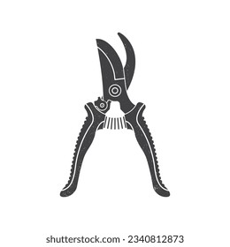 Secateurs garden pruner for work in garden icon silhouette isolated on white. Vector illustration. For emblem, sign, patch, shirt. Farming secateurs garden pruner, gardening equipment