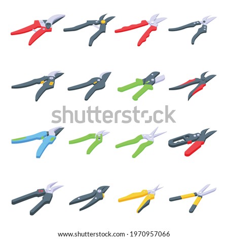 Secateurs icons set. Isometric set of secateurs vector icons for web design isolated on white background