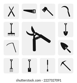 Secateurs pruner flat web icon. Simple pruners sign web icon silhouette. Pruning shears, garden hand pruners, pruning scissors, garden scissors solid black icon vector. Garden tools concept icon set