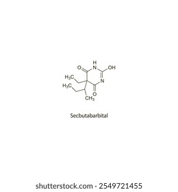 Secbutabarbital estructura molecular esquelética plana Fármaco de barbitúricos utilizado en el insomnio, tratamiento de relajación muscular. Diagrama científico de la Ilustración vectorial.