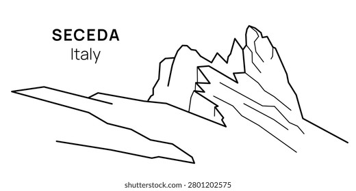 Seceda mountain line art vector. Minimalist outline illustration of famous Dolomites peak in Italy
Minimalist line art illustration of Seceda mountain ridge in the Italian Dolomites. Clean outline vector landscape inspired by one of the most famous alpine destinations in South Tyrol, Italy. Perfect for travel, tourism, posters, apparel, souvenirs and branding.