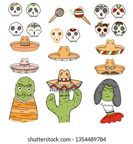 SeCinco De Mayo stickers sombrero, cactus, skills, flat illustration for greeting card, ad, promotion, poster, flier, blog, article, social media, marketing