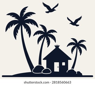 Secluded tropical island scene featuring a small hut surrounded by palm trees with birds flying in the sky. This scalable vector graphic is perfect for coastal branding and nature projects.