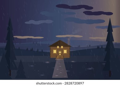 A secluded wooden cabin glows beneath storm clouds as rain falls across a dark pine forest and winding path at night.