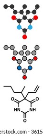Secobarbital barbiturate sedative molecule. Stylized 2D renderings and conventional skeletal formula. 