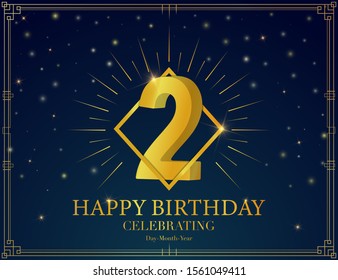 Second, 2 Happy birthday anniversary celebration greeting card. With Luxury golden frame, shiny sparkles. Vector 3d illustration background. Typography design poster, banner, invitation flyer