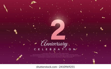 second 2nd Anniversary celebration, 2 Anniversary celebration, Dark purple background, festive illustration,Realistic 3d sign, stars, Pink number with red ribbon 2 sparkling confetti, 2,3