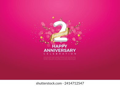 second 2nd Anniversary celebration, 2 Anniversary celebration, Pink background, Realistic 3d sign, stars, White number with Golden ribbon 2 sparkling confetti, festive illustration, 2,3