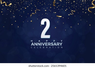 Second 2nd Anniversary celebration, 2 Anniversary celebration, Dark Blue background, festive illustration, White Number, 2 sparkling confetti, 2,3 
