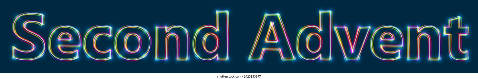 Second Advent - Colorful multi-layered outline text with glowing light effect on blue background.