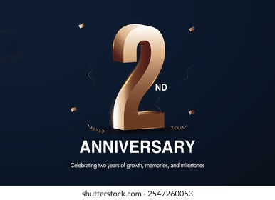 Second anniversary. 2nd Anniversary celebration banner  with 3D number: 2 in bronze colour. Two Years of growth, memories celebration banner for couples, business. Confetti with dark blue background.