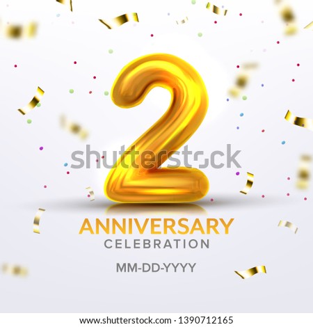 Second Anniversary Birth Celebration Number Vector. Luxury Invitation Card With Realistic Golden Inflatable Number Two And Text Of Happy Date With Foil And Confetti On Background. 3d Illustration