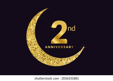 Second Anniversary Celebration Golden Emblem in Black Background. Number 2 Luxury Style Banner Isolated Vector.