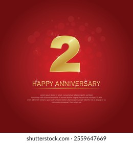 Second anniversary celebration on red background. golden number 2. happy anniversary. birthday or wedding party event decoration