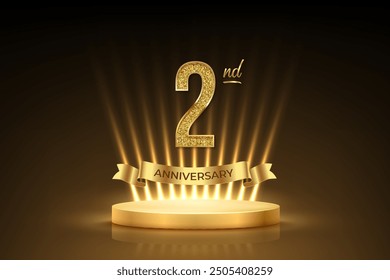 Second anniversary gold award podium. 2 year celebration birthday or jubilee golden vector background. Luxury stage with glowing rays, glittering number 2 and ribbon with text anniversary on black.