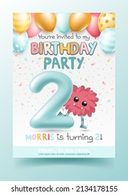 Second birthday anniversary numbers with 3d little cute monster and birthday party invitation greeting card template