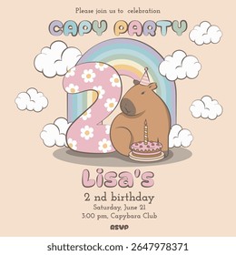 Second birthday card with a capybara, pink number two in daisies, rainbow and clouds and cake on a beige background