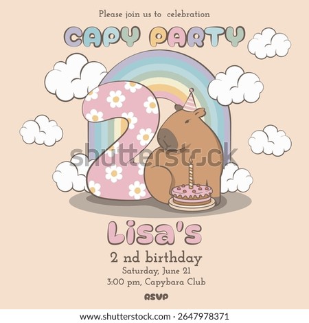 Second birthday card with a capybara, pink number two in daisies, rainbow and clouds and cake on a beige background