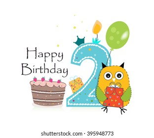 Second birthday greeting card. Cute owl, balloon and birthday cake vector background