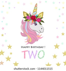 Second birthday greeting. Two text. Magical Unicorn Birthday invitation. Party invitation greeting card