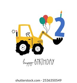 Second birthday. Hand drawn happy birthday card with cute cartoon car tractor with balls, candle and lettering Happy Birthday. Vector illustration. Baby boy greeting card for 2nd birthday