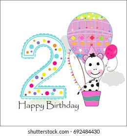 Second birthday with hot air balloon and zebra. Happy birthday greeting card