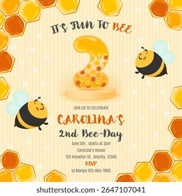 Second birthday invitation template, bees and honeycomb, honey, pastel yellow background, number two in honey on podium, daisies in background