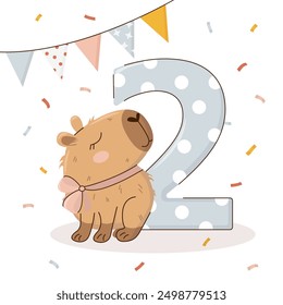 Second birthday party invitation with a cute capybara in hand-drawn style. Amusing capibara character. Vector templates for party, event.