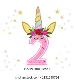 Second birthday. Two. Unicorn Birthday invitation. Party invitation greeting card