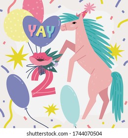 Der zweite Geburtstag wünscht Vektorgrüßkartenvorlage. Cute Pferdecharakter mit Ballonkomposition, Blumenstrauß, Nummer 2 und Textsatz "Yay".